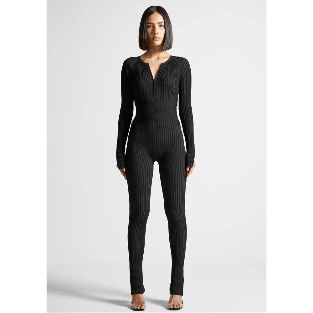 Manière De Voir Ribbed Knit Belted Jumpsuit in Black Size M